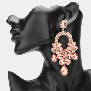 Long Peach Flower Teardrop Chandelier Pageant Earrings | Large Crystal Earrings |  644908