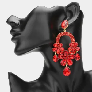 Long Red Flower Teardrop Chandelier Pageant Earrings | Large Crystal Earrings |  644911