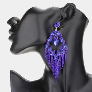 Long Sapphire Crystal Fringe Chandelier Pageant Earrings  | Prom Jewelry | 579536