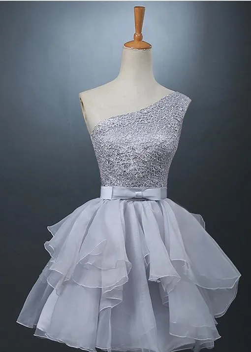 Lovely One-shoulder Short Chiffon Homecoming Dress Lace-up With Bowknot-319371