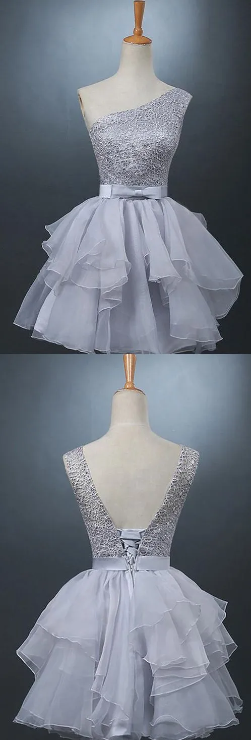 Lovely One-shoulder Short Chiffon Homecoming Dress Lace-up With Bowknot-319371