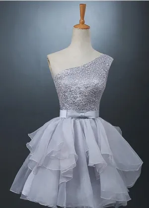 Lovely One-shoulder Short Chiffon Homecoming Dress Lace-up With Bowknot-319371