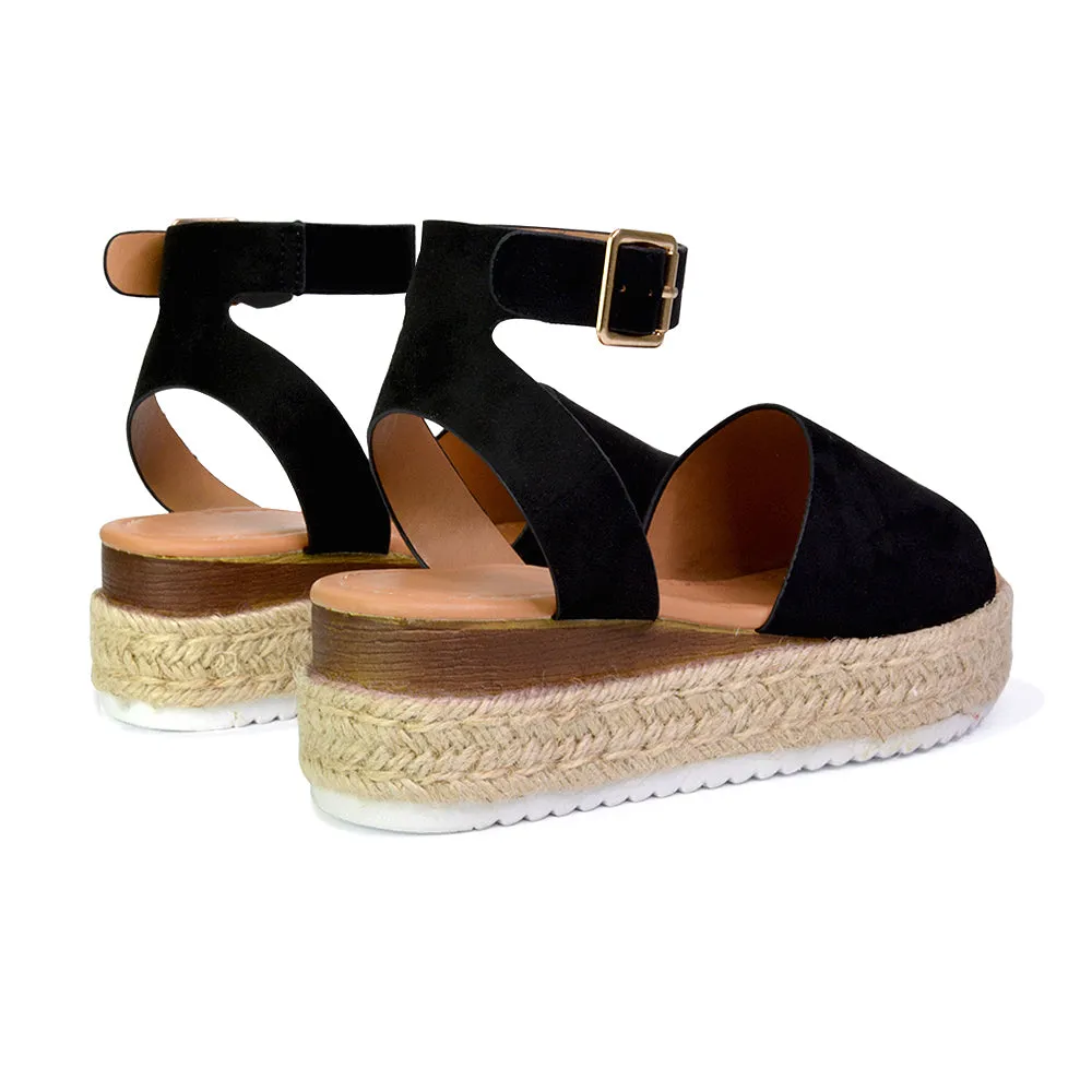 Lucile Strappy Ankle Buckle Flatform Espadrille Platform Flat Sandals in Black