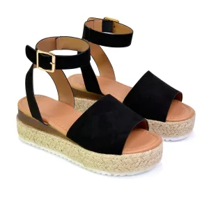 Lucile Strappy Ankle Buckle Flatform Espadrille Platform Flat Sandals in Black