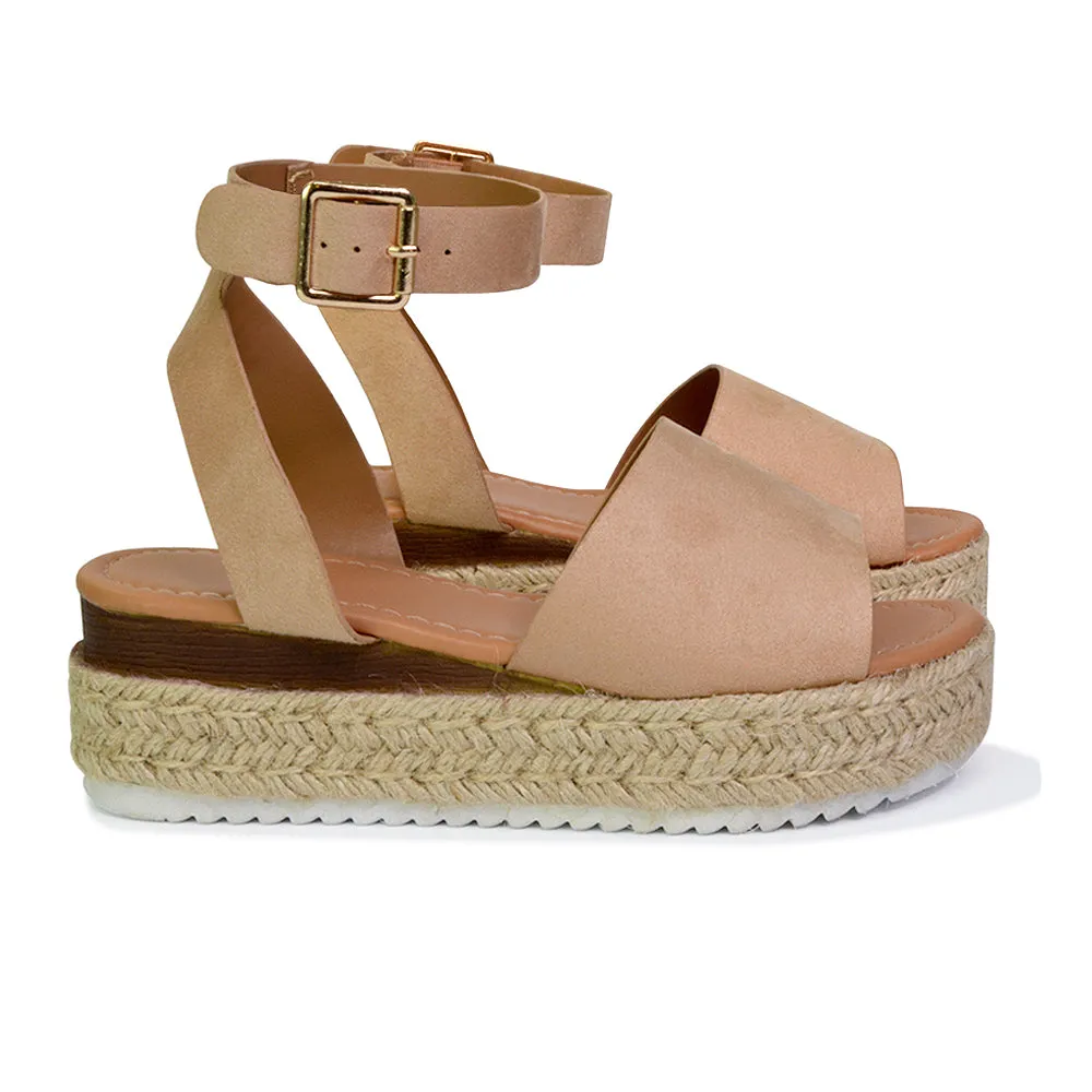 Lucile Strappy Ankle Buckle Flatform Espadrille Platform Flat Sandals in Black
