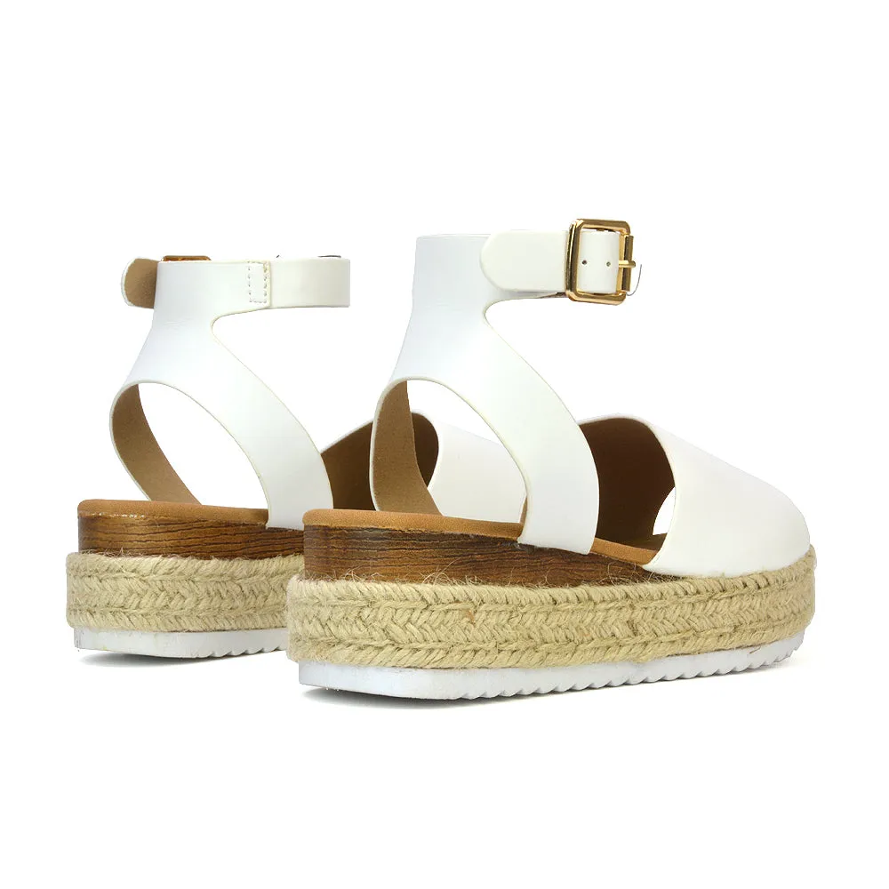 Lucile Strappy Ankle Buckle Flatform Espadrille Platform Flat Sandals in Black