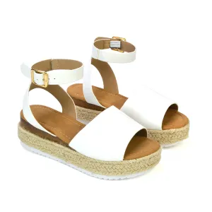 Lucile Strappy Ankle Buckle Flatform Espadrille Platform Flat Sandals in White