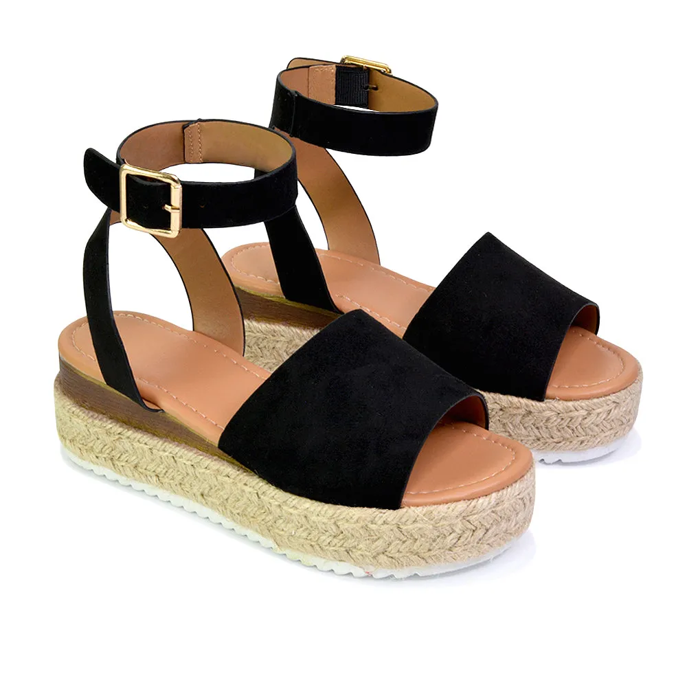 Lucile Strappy Ankle Buckle Flatform Espadrille Platform Flat Sandals in White