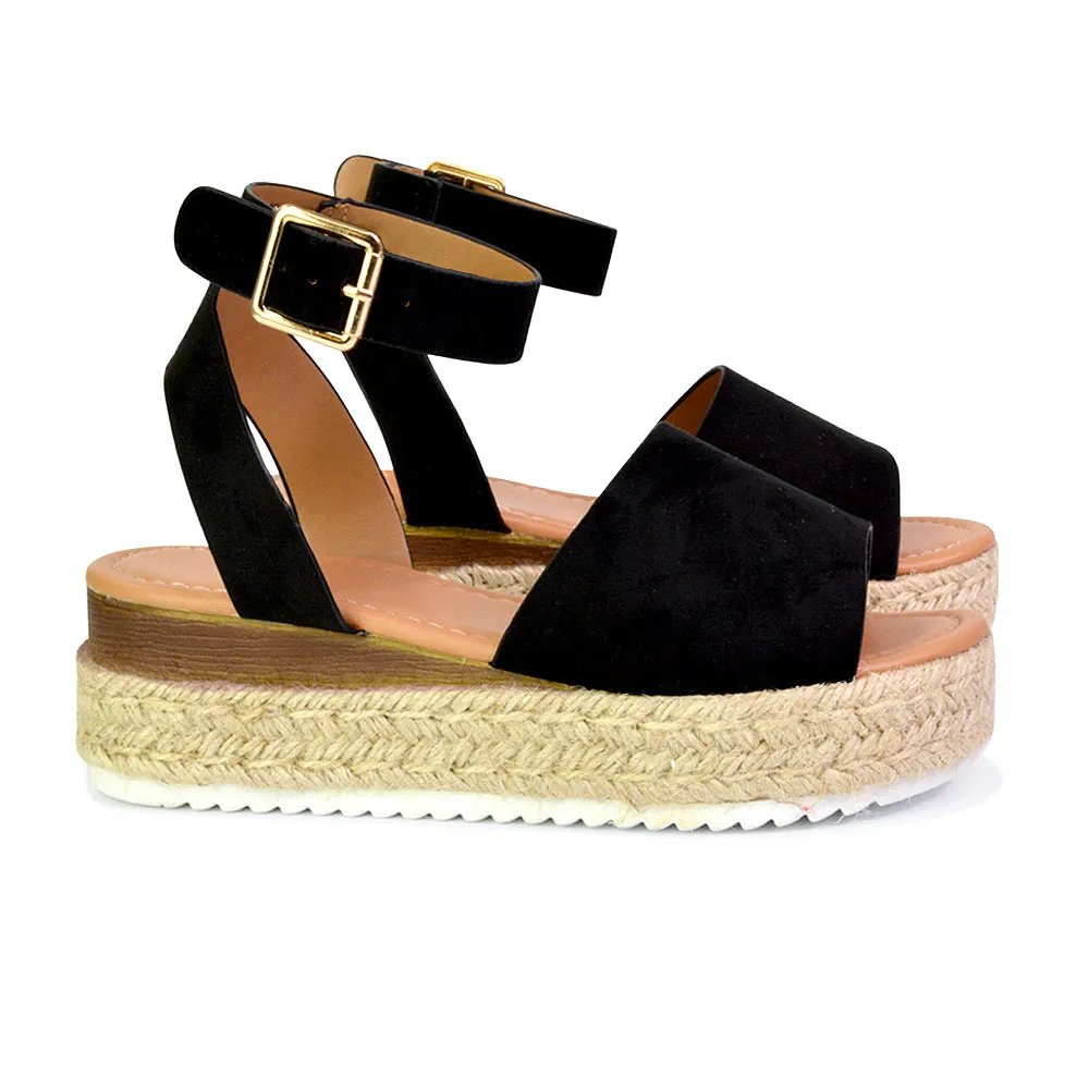 Lucile Strappy Ankle Buckle Flatform Espadrille Platform Flat Sandals in White