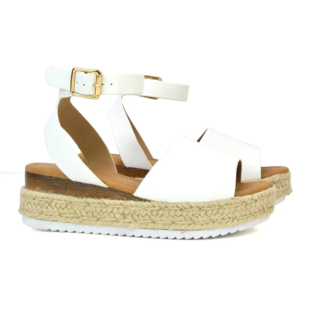Lucile Strappy Ankle Buckle Flatform Espadrille Platform Flat Sandals in White