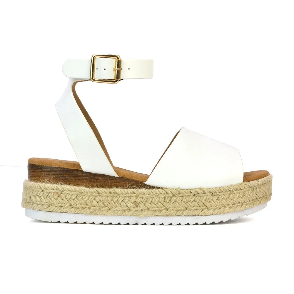 Lucile Strappy Ankle Buckle Flatform Espadrille Platform Flat Sandals in White