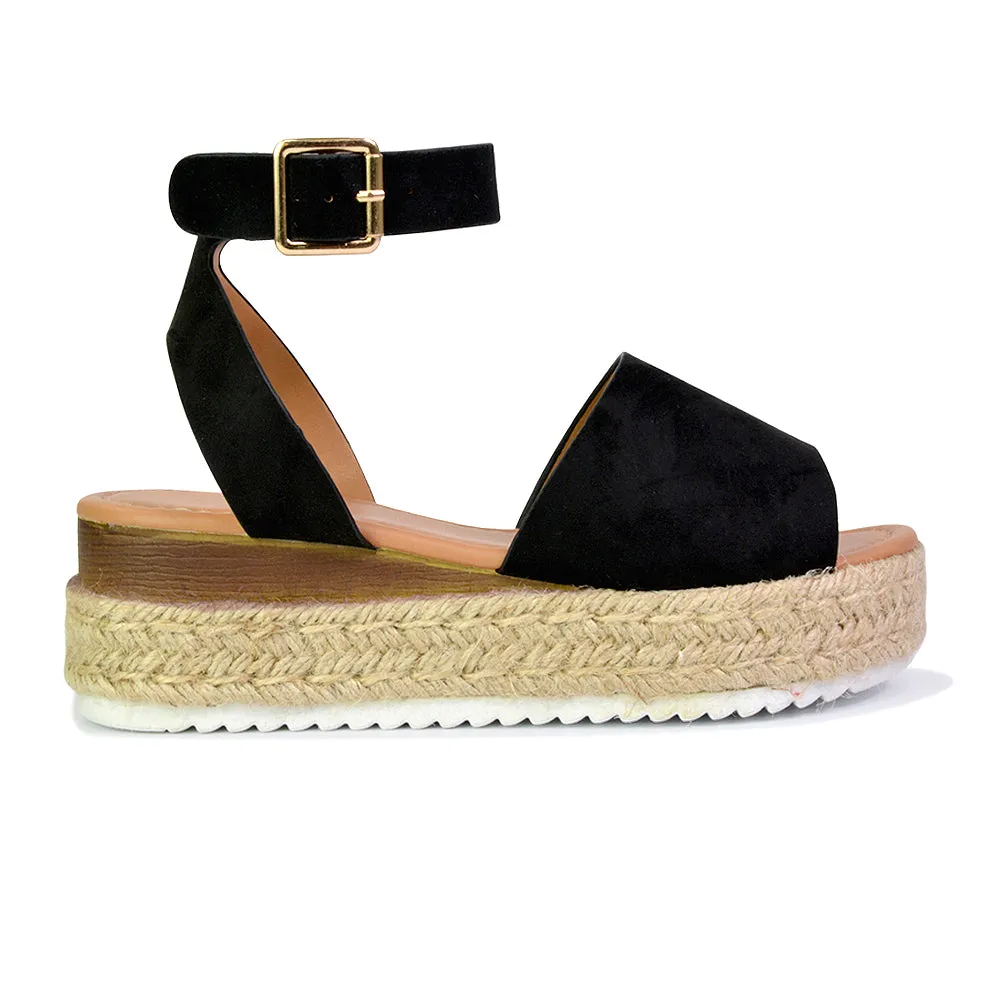 Lucile Strappy Ankle Buckle Flatform Espadrille Platform Flat Sandals in White