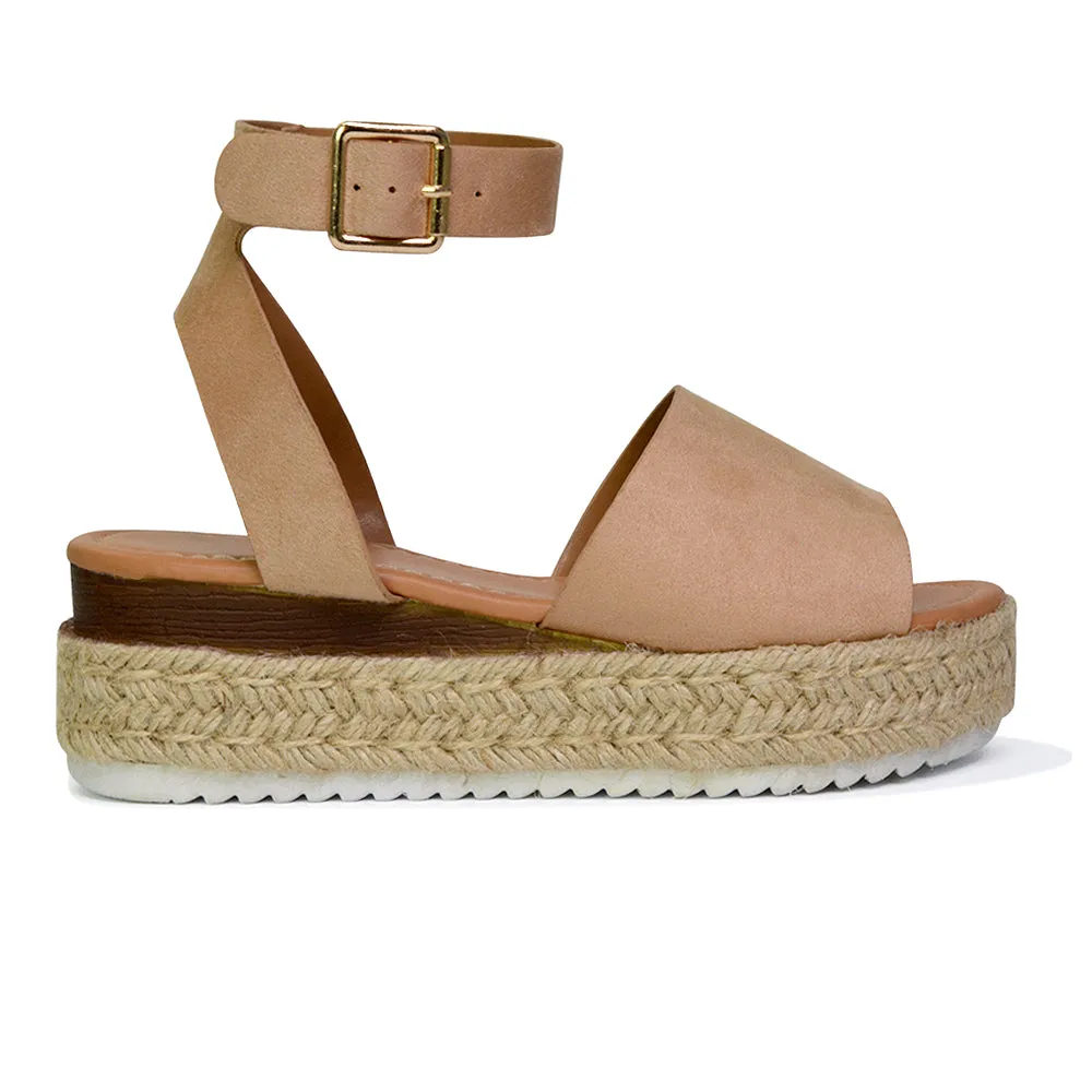 Lucile Strappy Ankle Buckle Flatform Espadrille Platform Flat Sandals in White