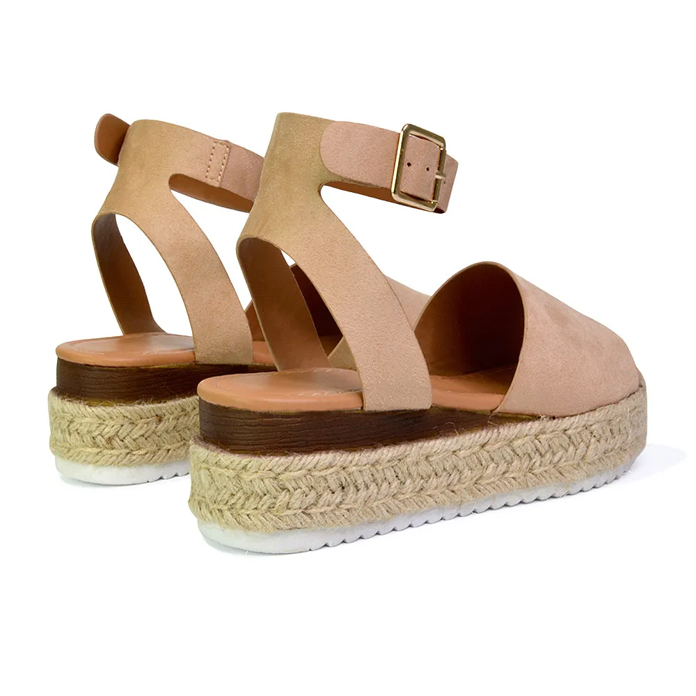 Lucile Strappy Ankle Buckle Flatform Espadrille Platform Flat Sandals in White