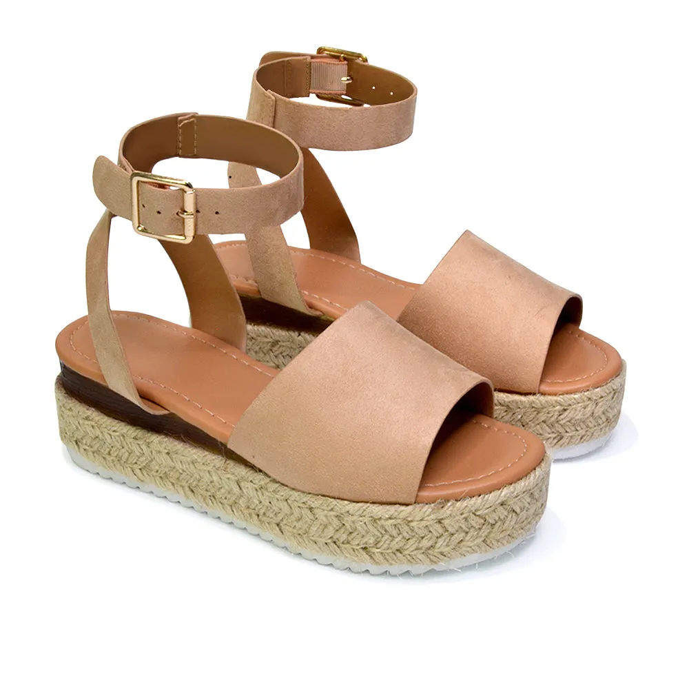 Lucile Strappy Ankle Buckle Flatform Espadrille Platform Flat Sandals in White