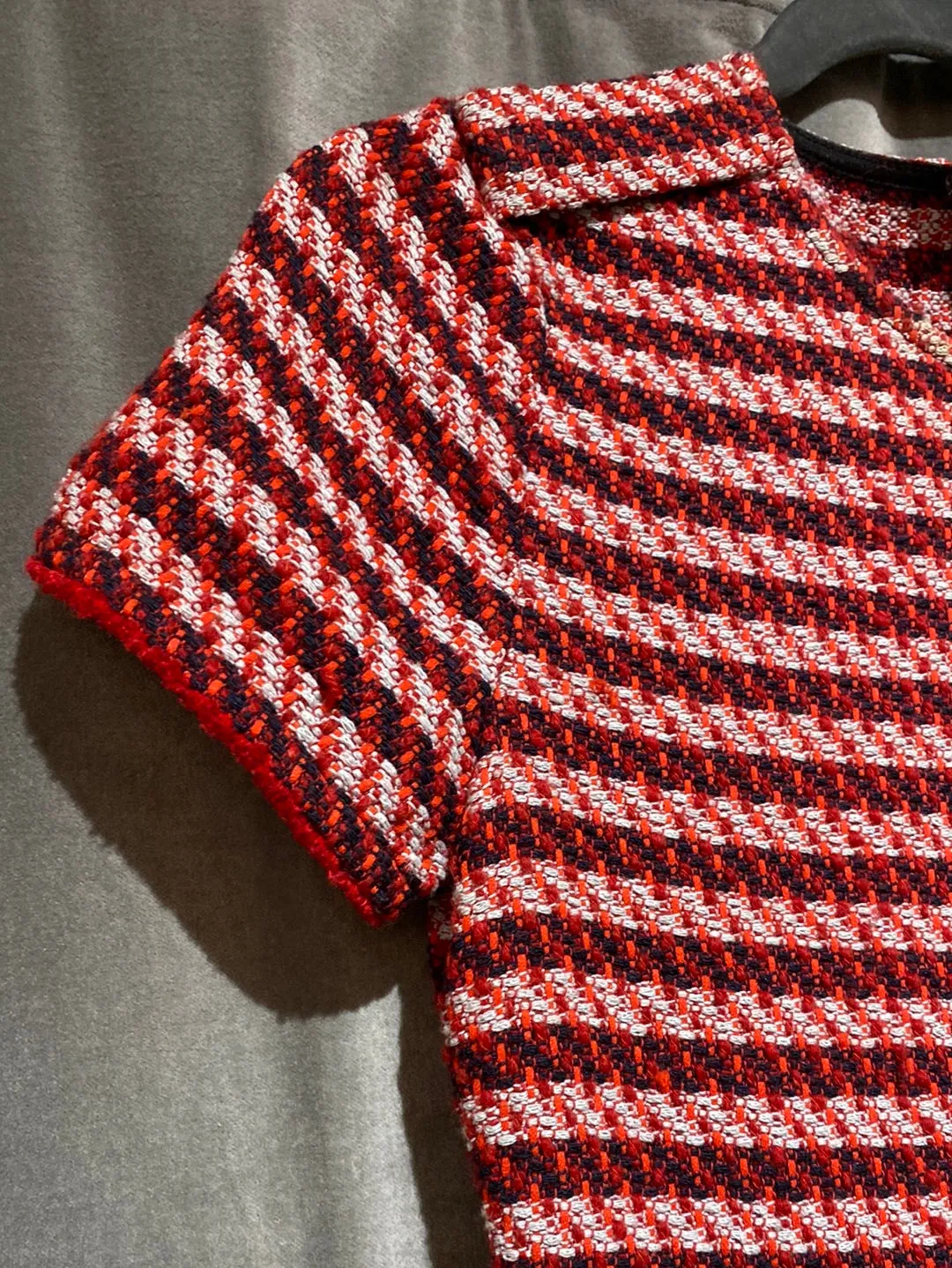 Maje Red Tweed Knit Fit and Flare Short Sleeve Dress