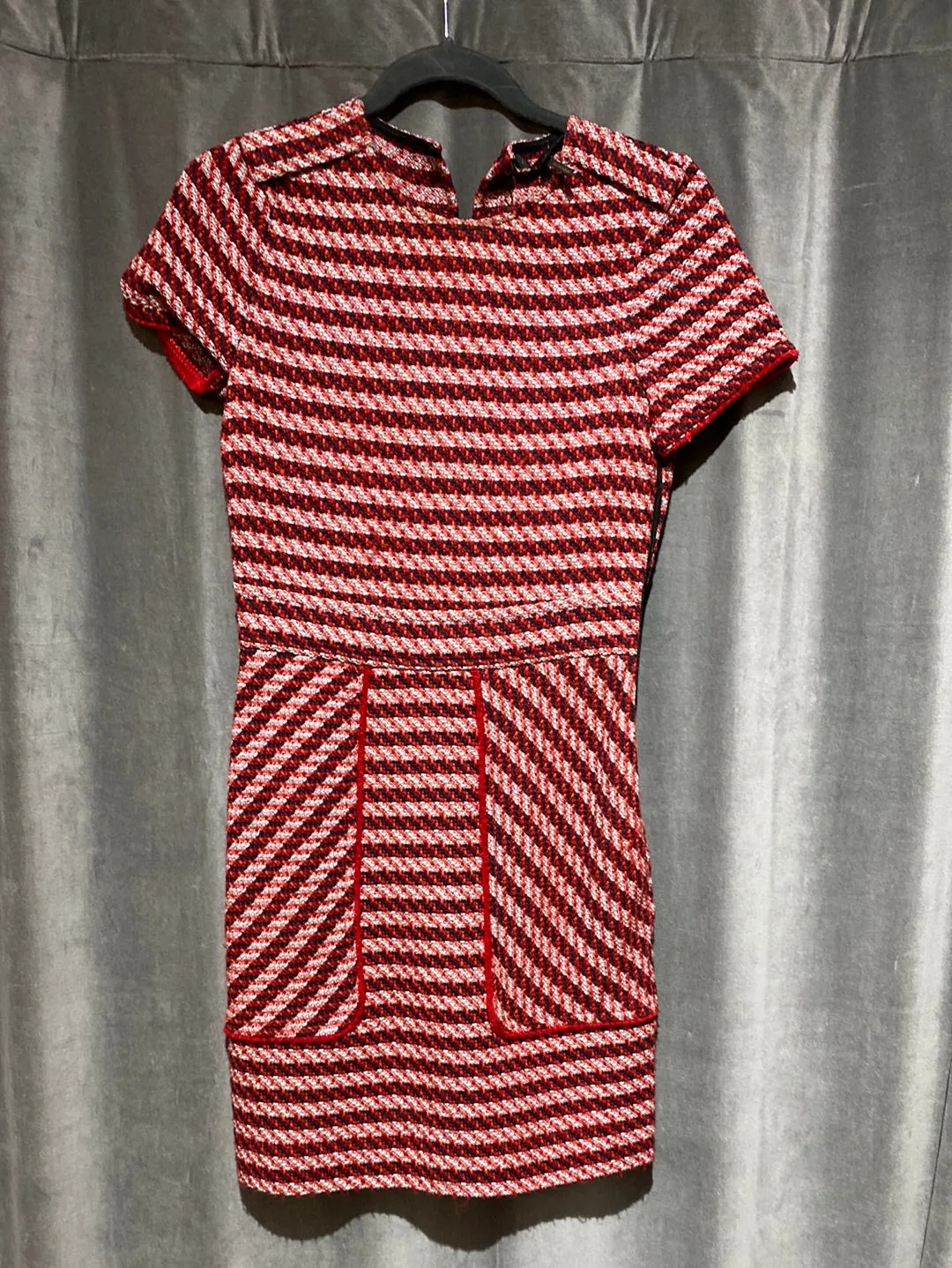 Maje Red Tweed Knit Fit and Flare Short Sleeve Dress