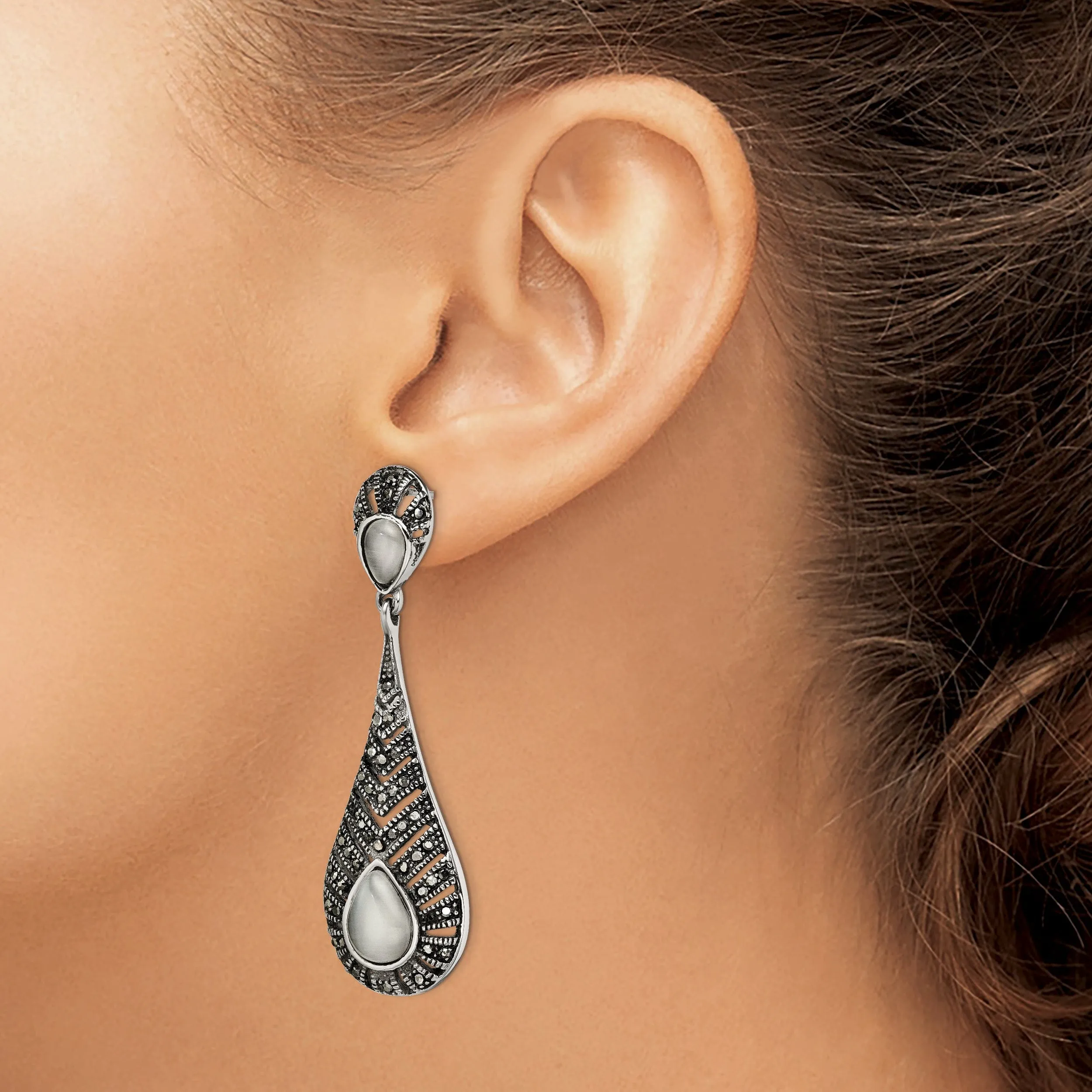 Marcasite Cat's Eye Post Dangle Earrings