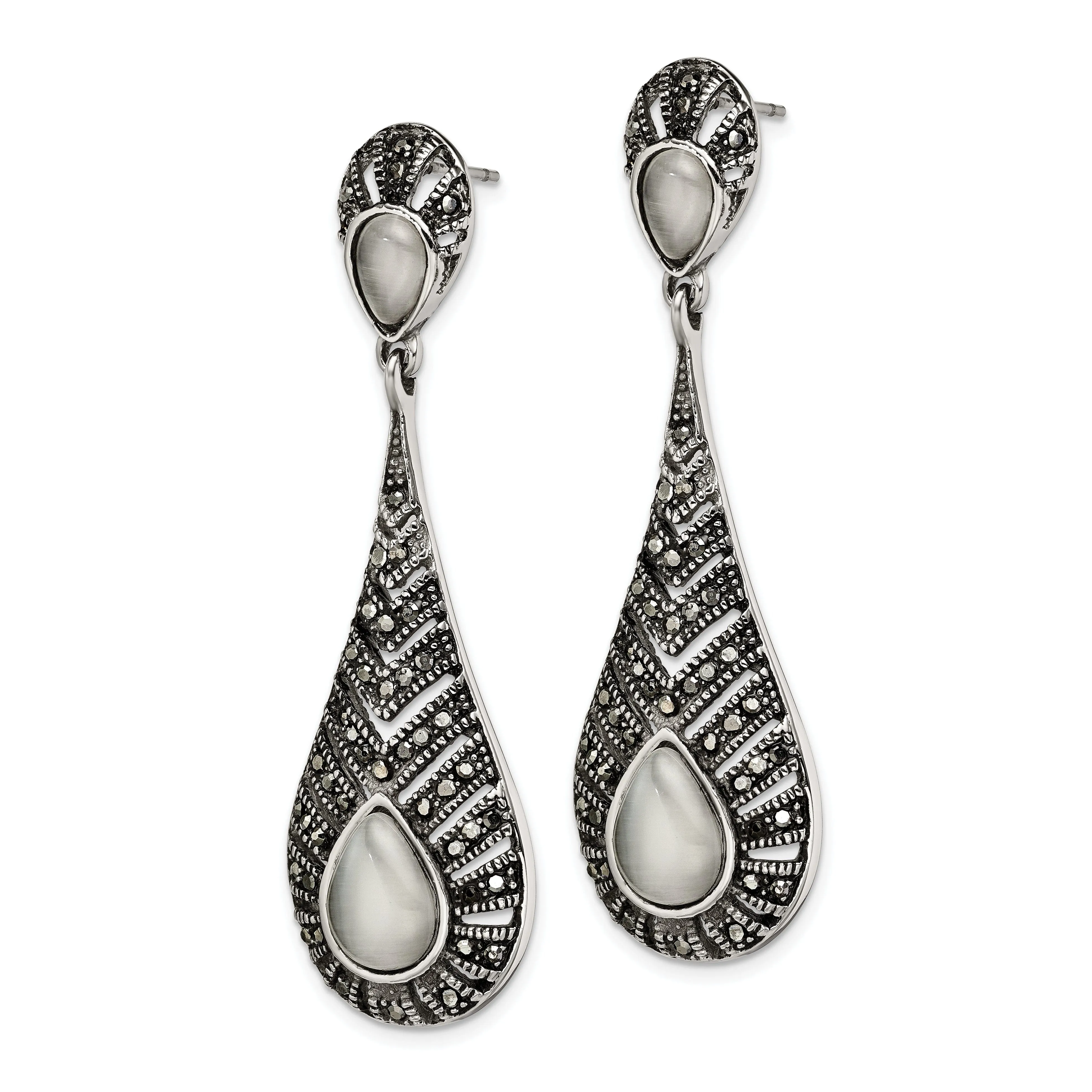 Marcasite Cat's Eye Post Dangle Earrings