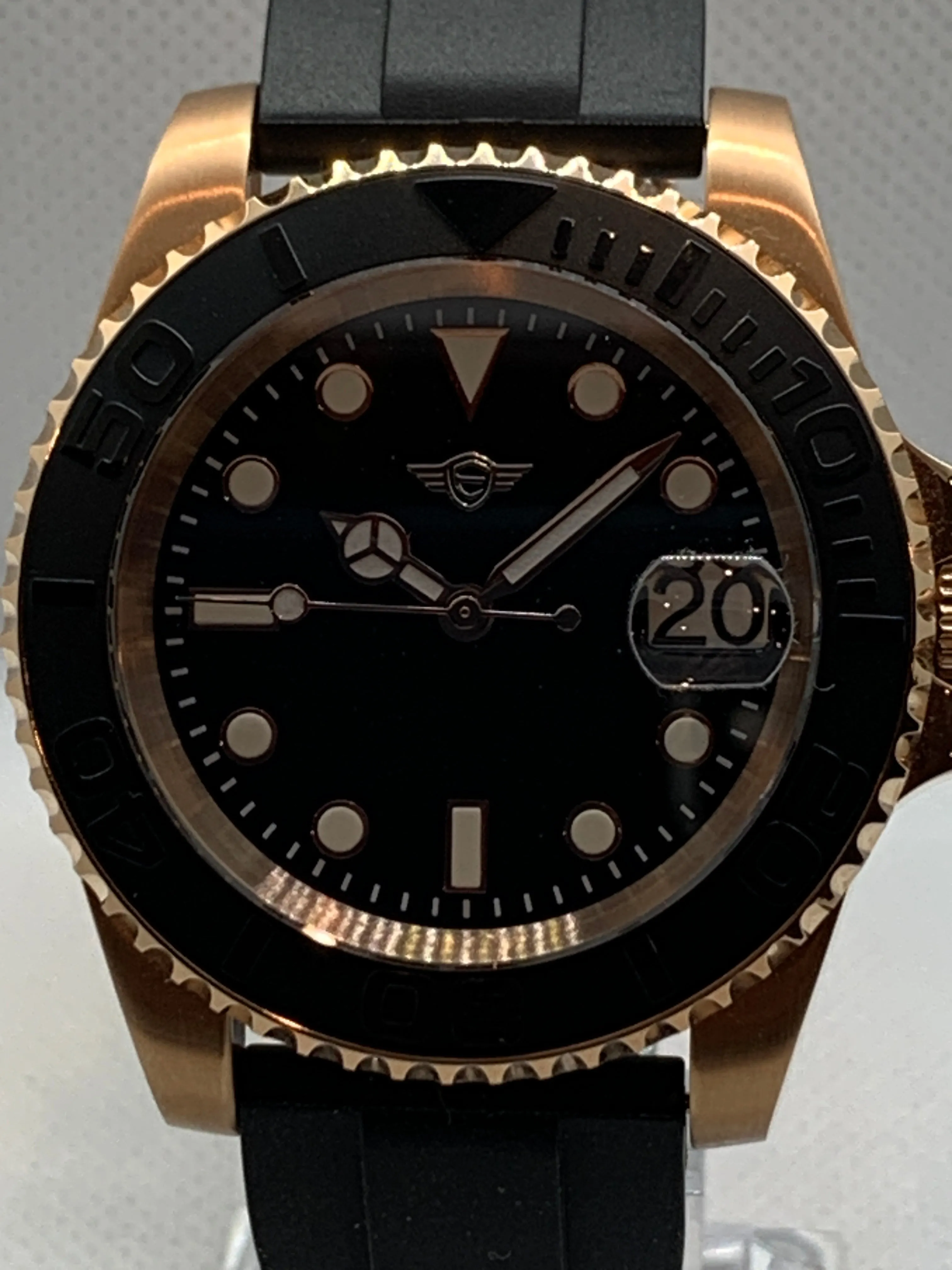 Men's 40MM Watch, Yachtmaster Style, Rose Gold, Sapphire Crystal, Rubber Strap with Rose Gold Clasp