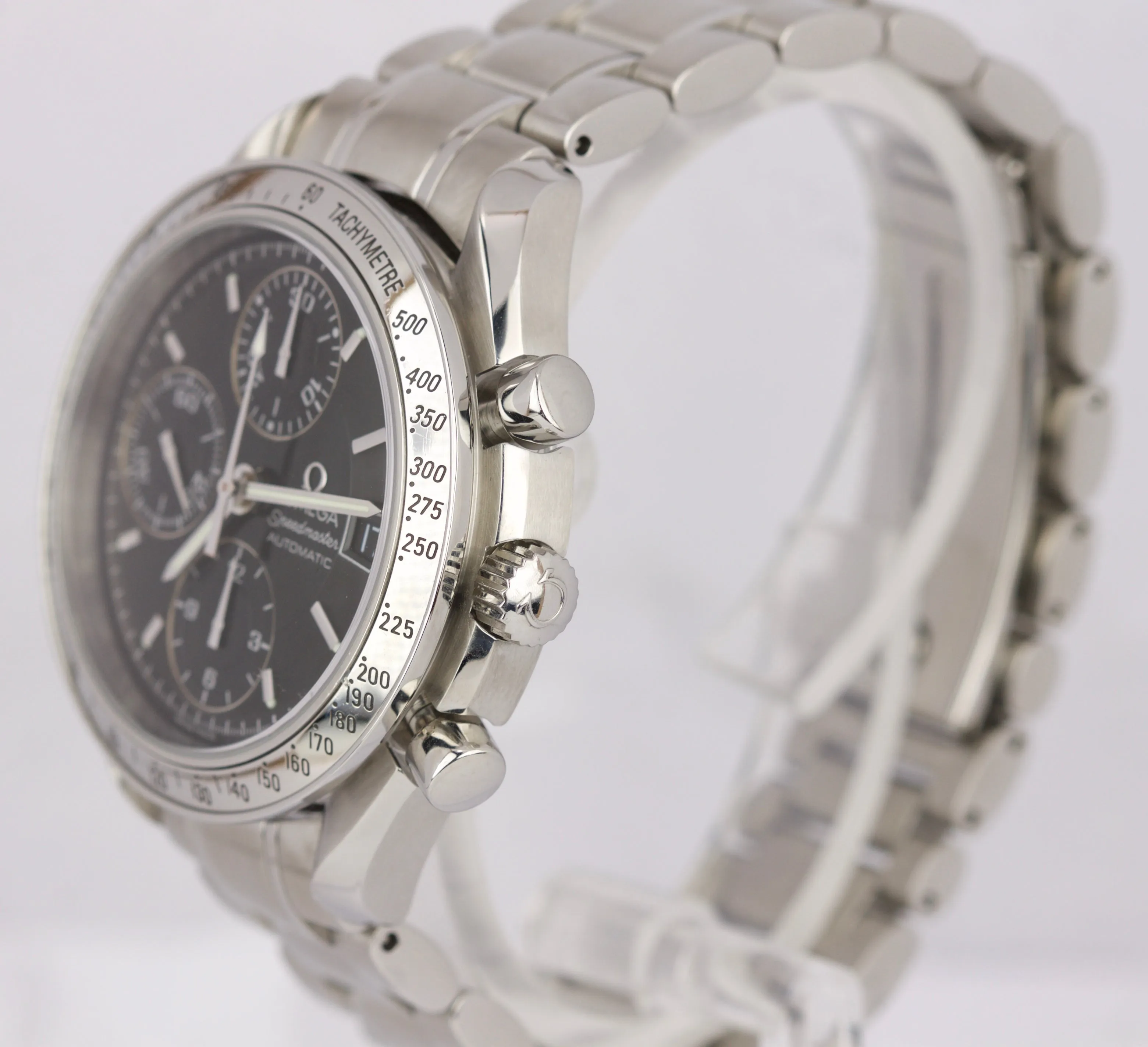 Men's Omega Speedmaster 39mm Date Chronograph Stainless Black Watch 3513.50