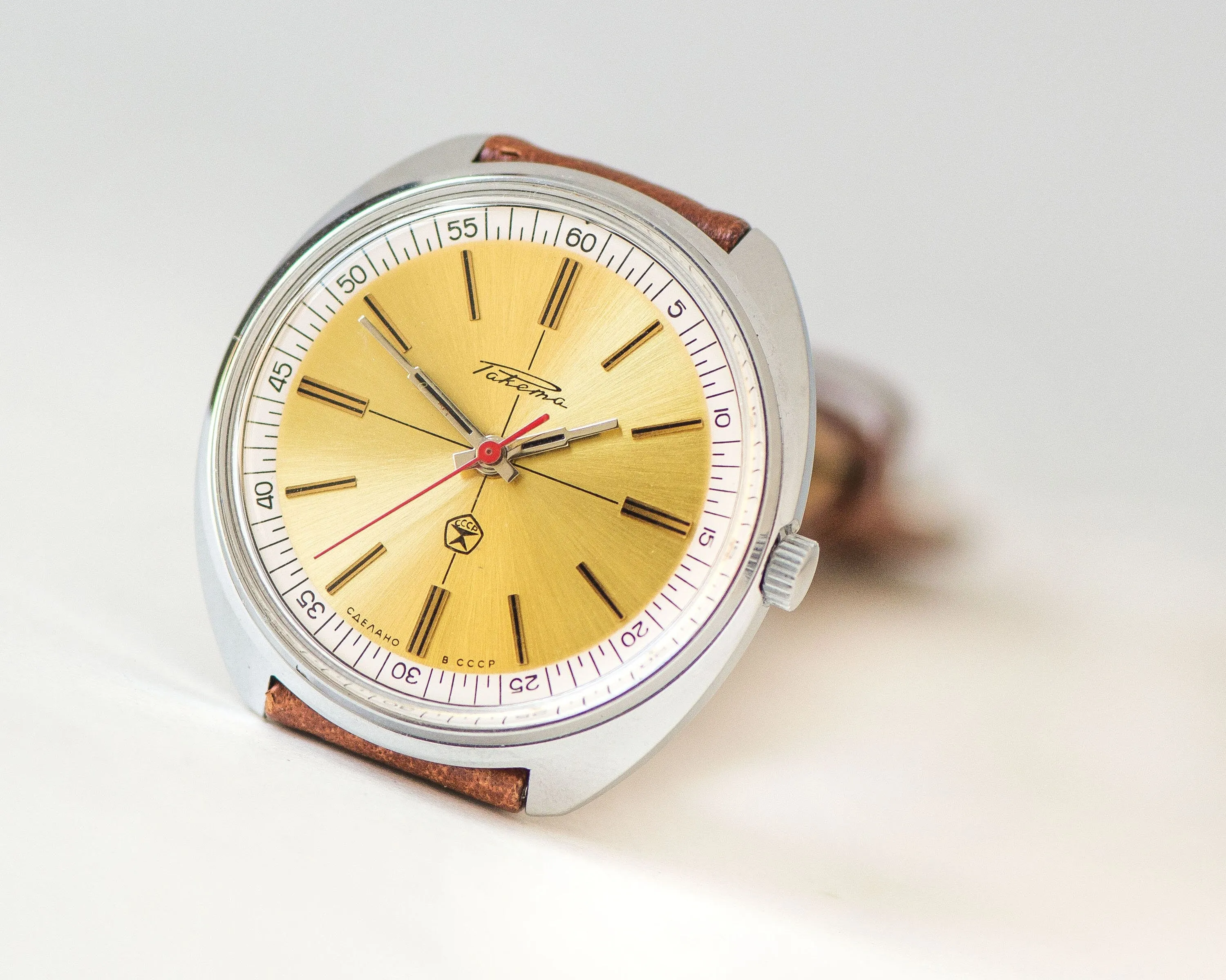 Men's wristwatch unused chunky Rocket, silver shade gent watch, USSR mechanical watch for men minimalist gift, new premium leather strap