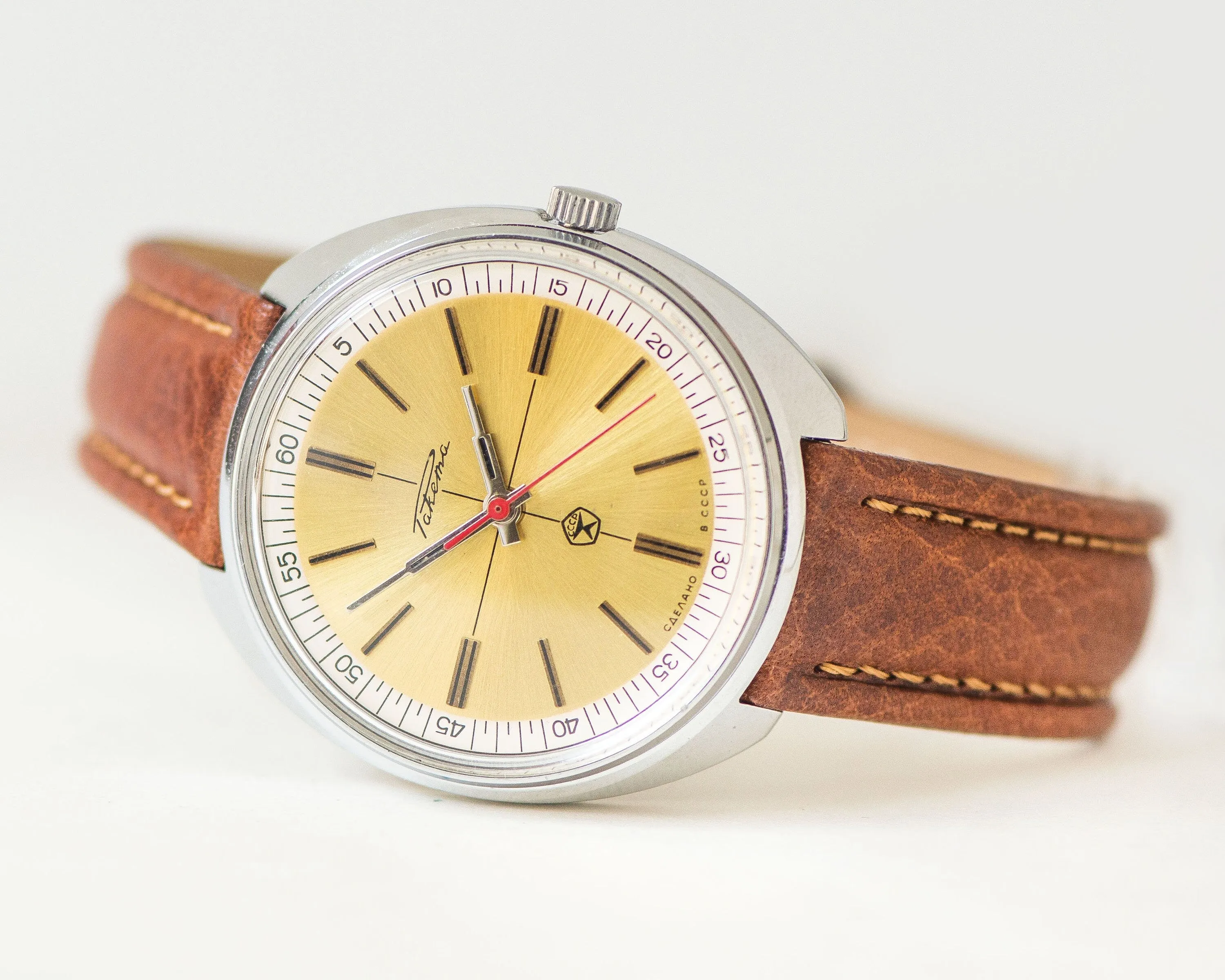 Men's wristwatch unused chunky Rocket, silver shade gent watch, USSR mechanical watch for men minimalist gift, new premium leather strap