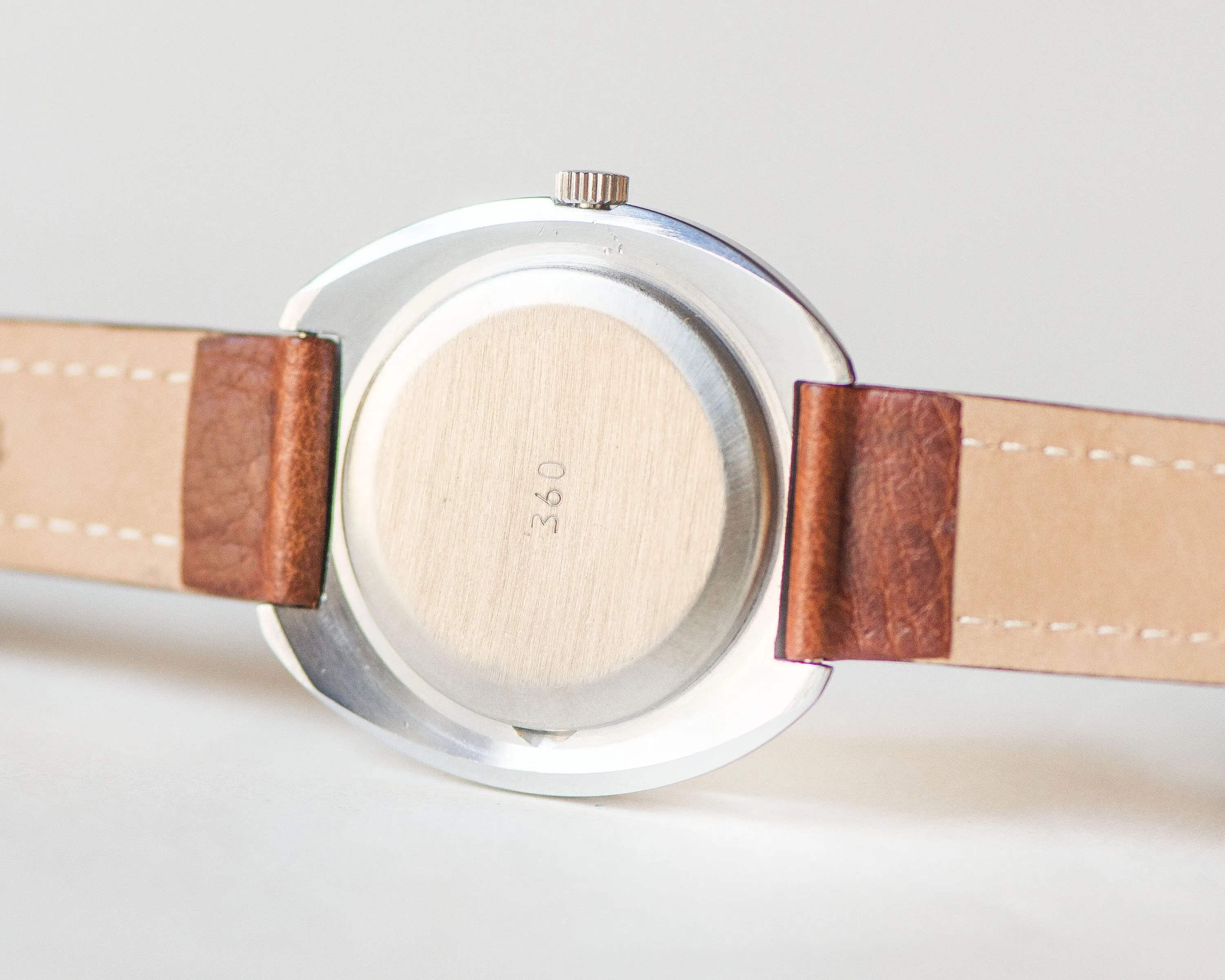 Men's wristwatch unused chunky Rocket, silver shade gent watch, USSR mechanical watch for men minimalist gift, new premium leather strap