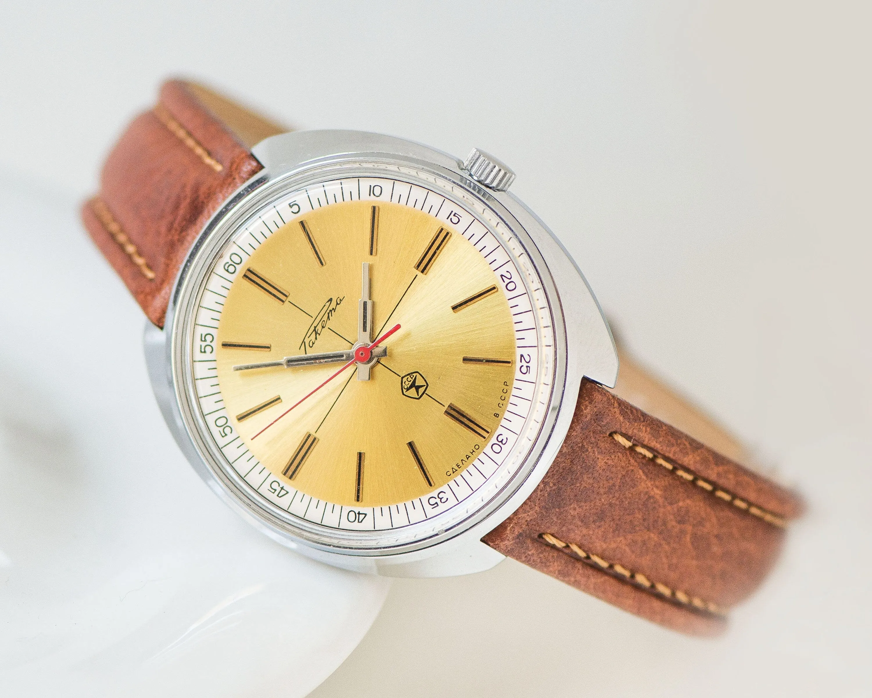 Men's wristwatch unused chunky Rocket, silver shade gent watch, USSR mechanical watch for men minimalist gift, new premium leather strap