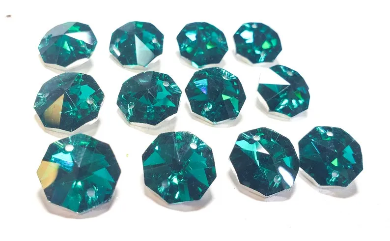 Metallic Teal Green 14mm Octagon Beads, Chandelier Crystals 2 Holes