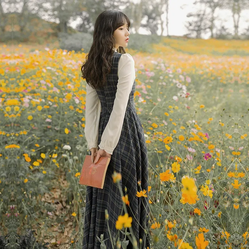 Mid-calf Vintage Plaid Long Women Dress