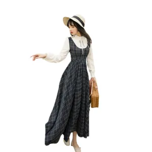 Mid-calf Vintage Plaid Long Women Dress