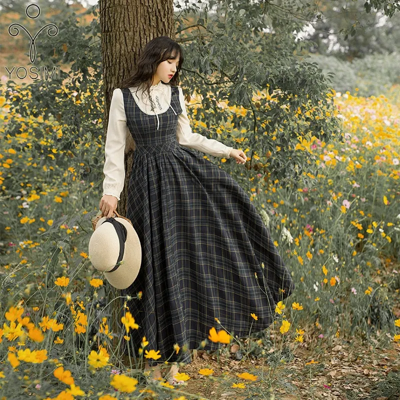 Mid-calf Vintage Plaid Long Women Dress