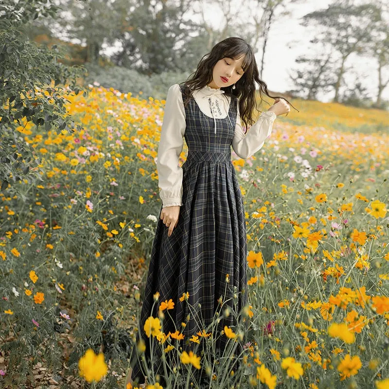 Mid-calf Vintage Plaid Long Women Dress