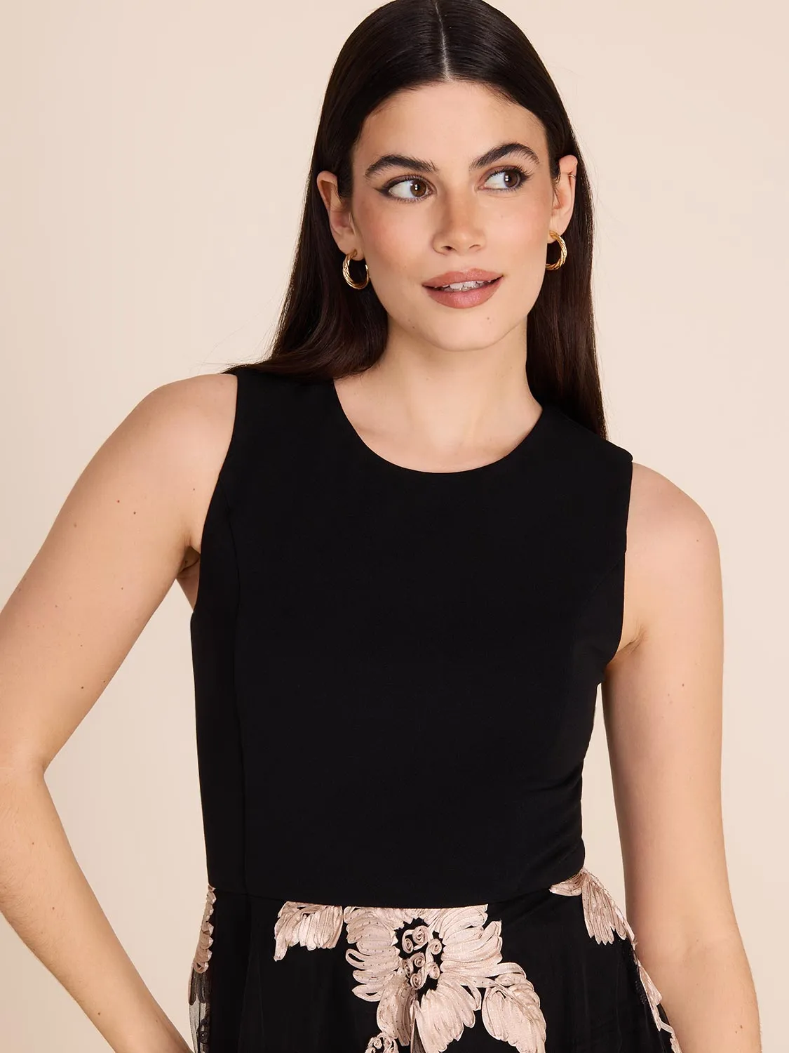 Midi Fit & Flare Dress With Floral Mesh Skirt