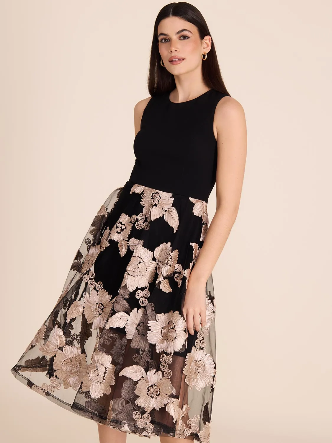 Midi Fit & Flare Dress With Floral Mesh Skirt