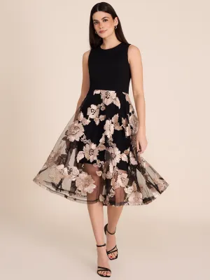 Midi Fit & Flare Dress With Floral Mesh Skirt