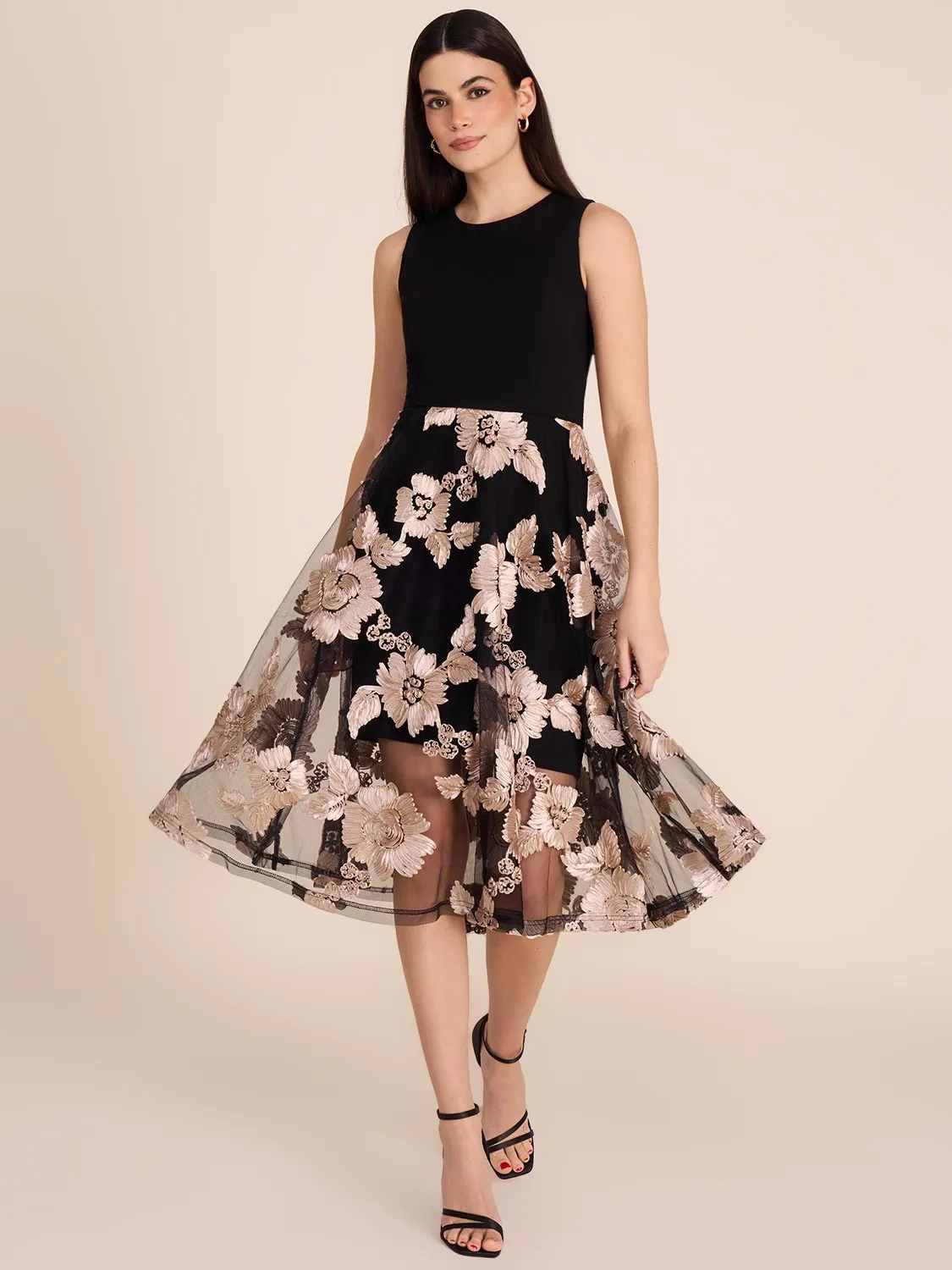 Midi Fit & Flare Dress With Floral Mesh Skirt