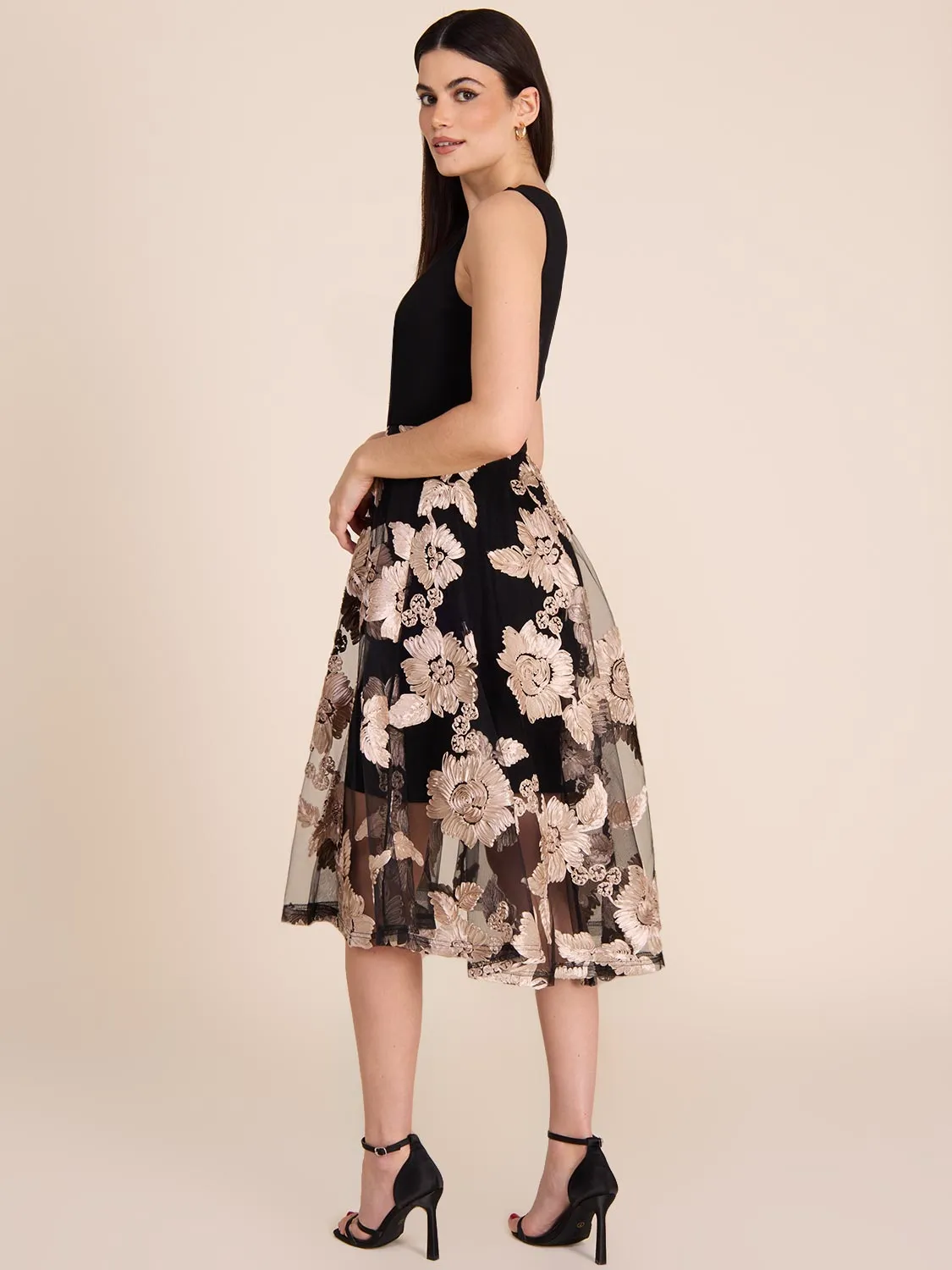 Midi Fit & Flare Dress With Floral Mesh Skirt