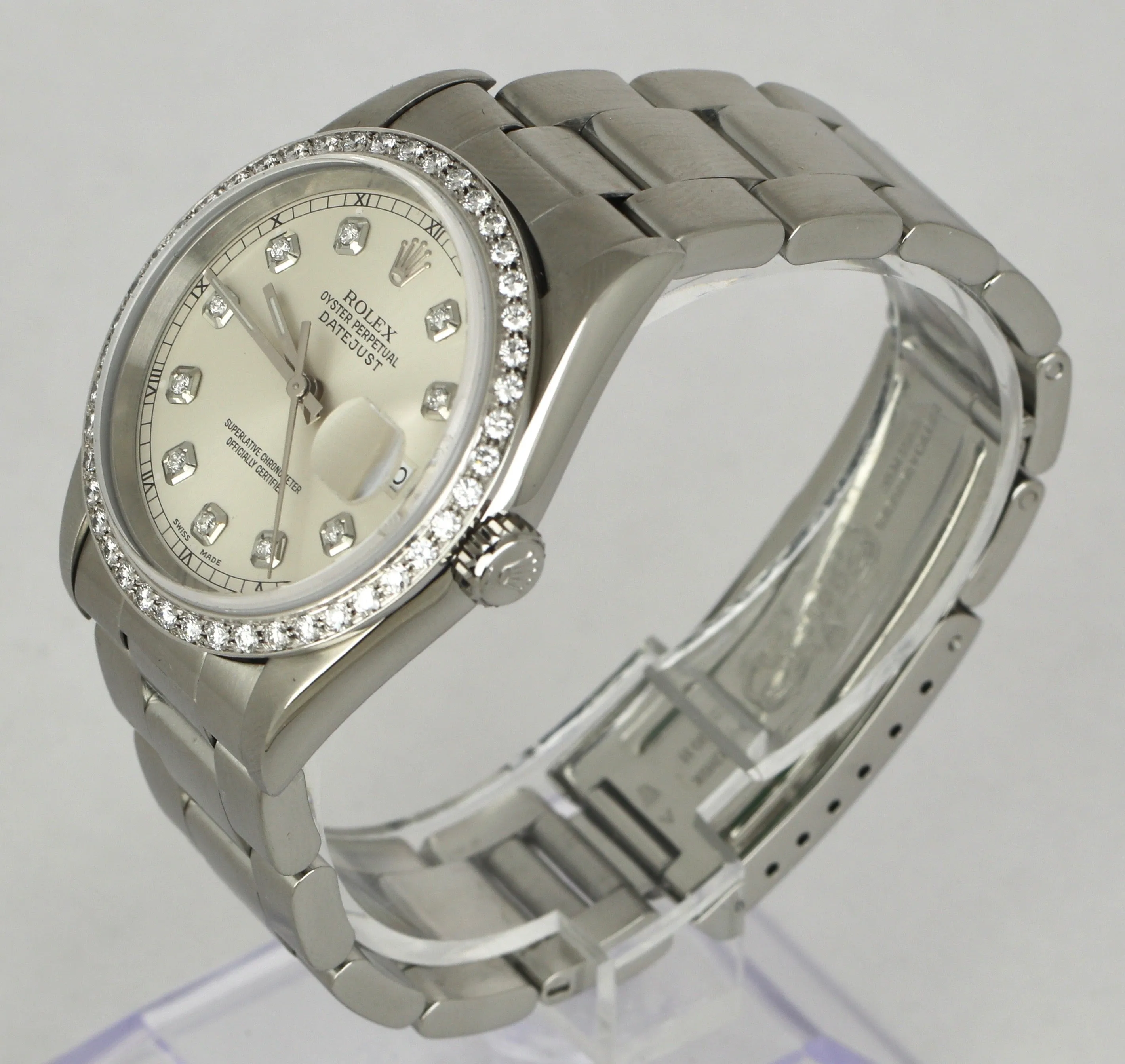 MINT 2000 Rolex DateJust Diamond 36mm 16200 Silver Stainless Steel Oyster Watch