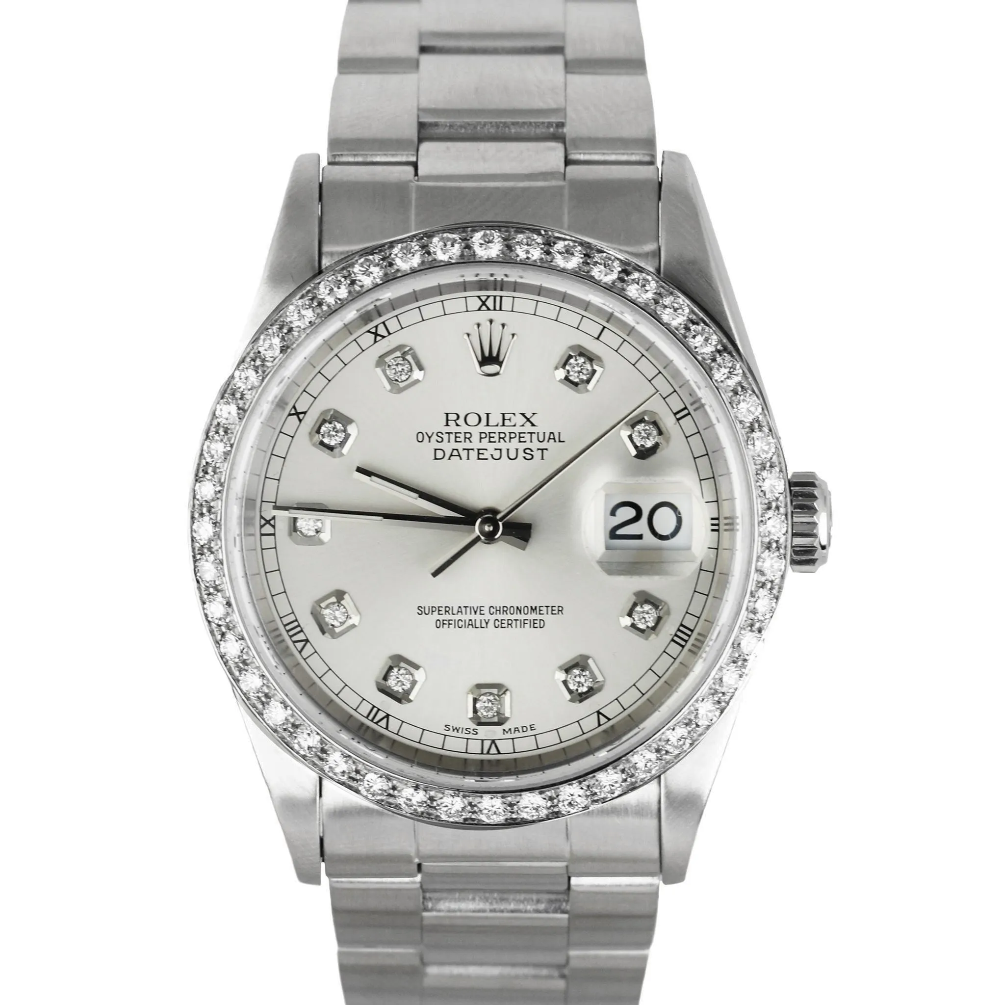 MINT 2000 Rolex DateJust Diamond 36mm 16200 Silver Stainless Steel Oyster Watch