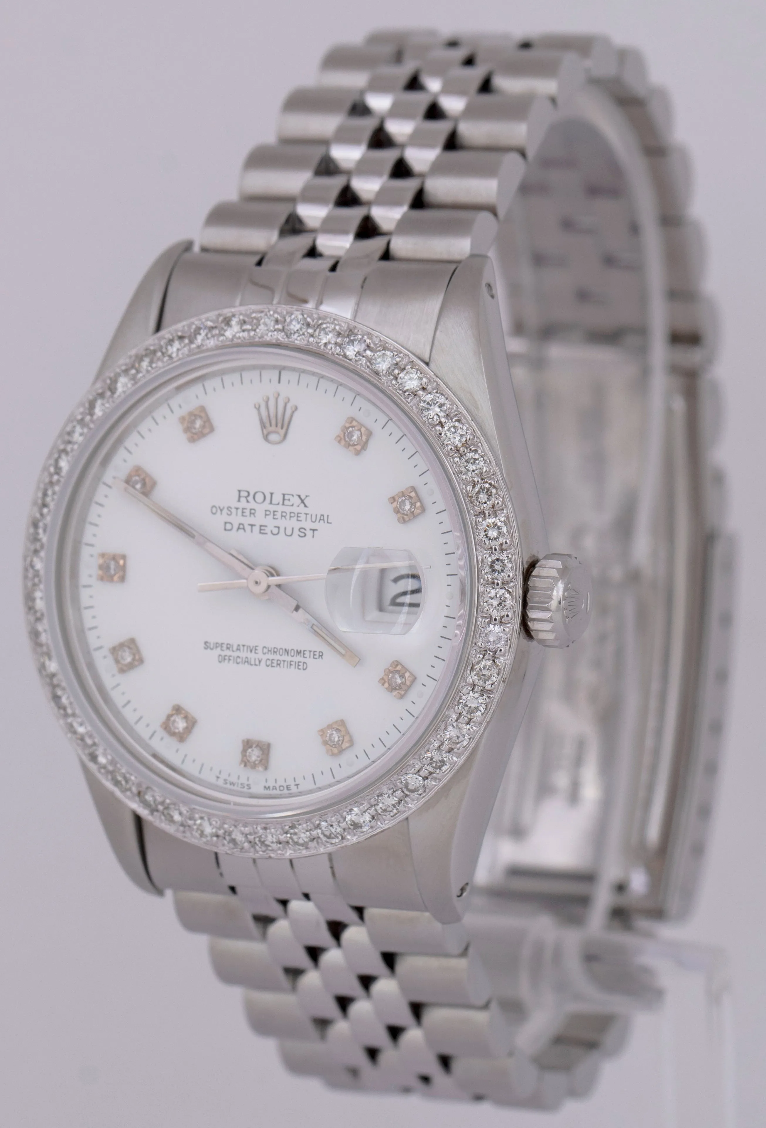 MINT Rolex DateJust 36mm White DIAMOND Stainless Steel JUBILEE Watch 16014 BOX