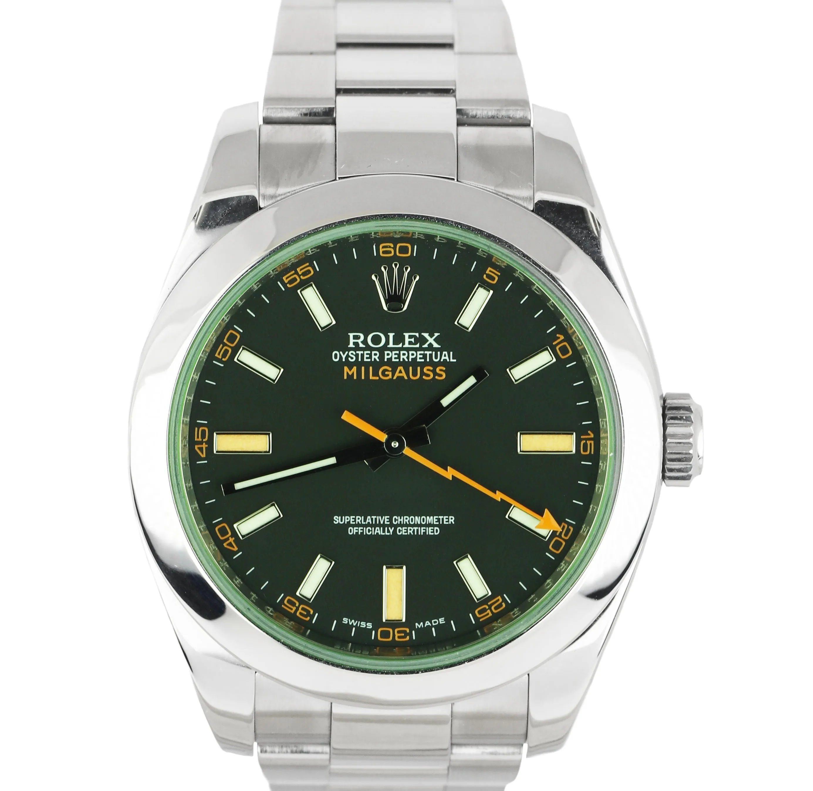 MINT Rolex Milgauss Green Black Orange 116400 GV V 40mm Stainless Steel Watch