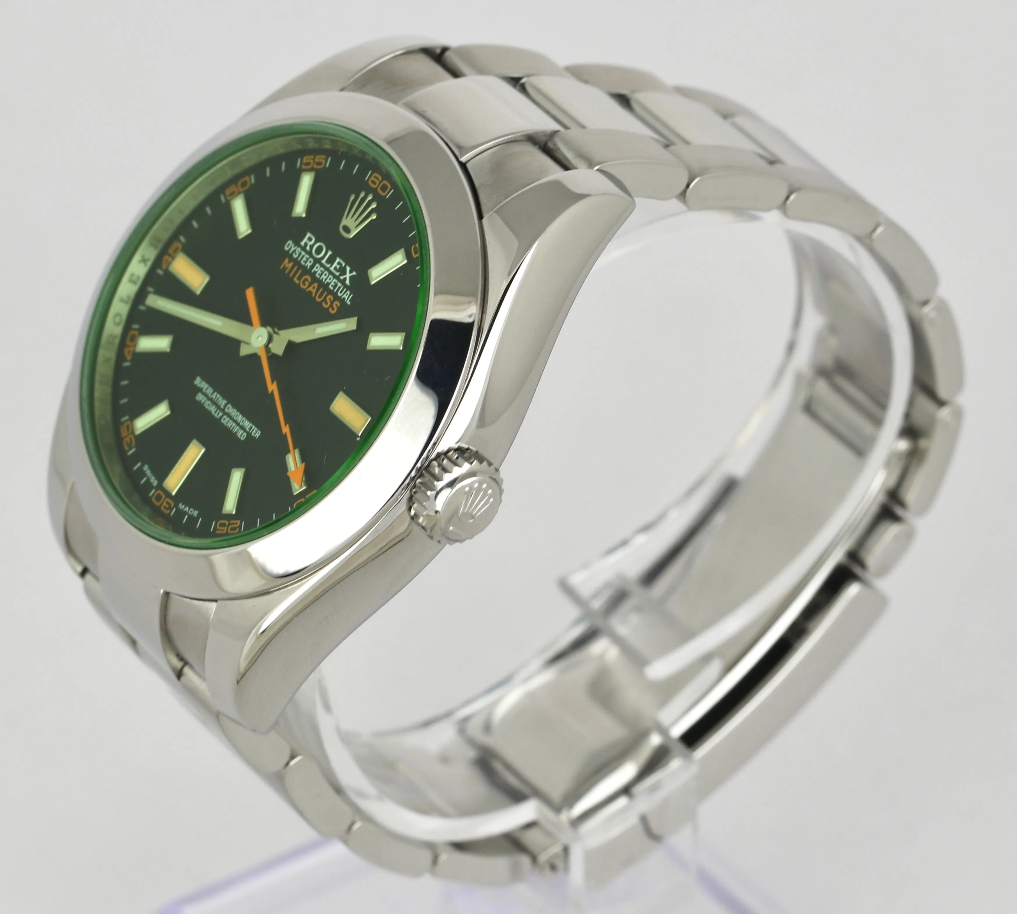 MINT Rolex Milgauss Green Black Orange 116400 GV V 40mm Stainless Steel Watch