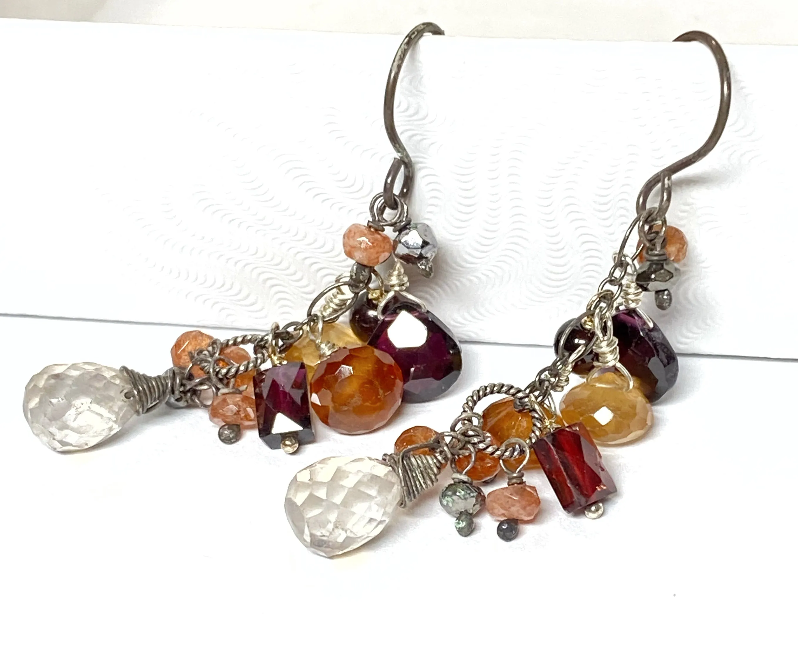 Multicolor Garnet Dangle Earrings Oxidized Silver
