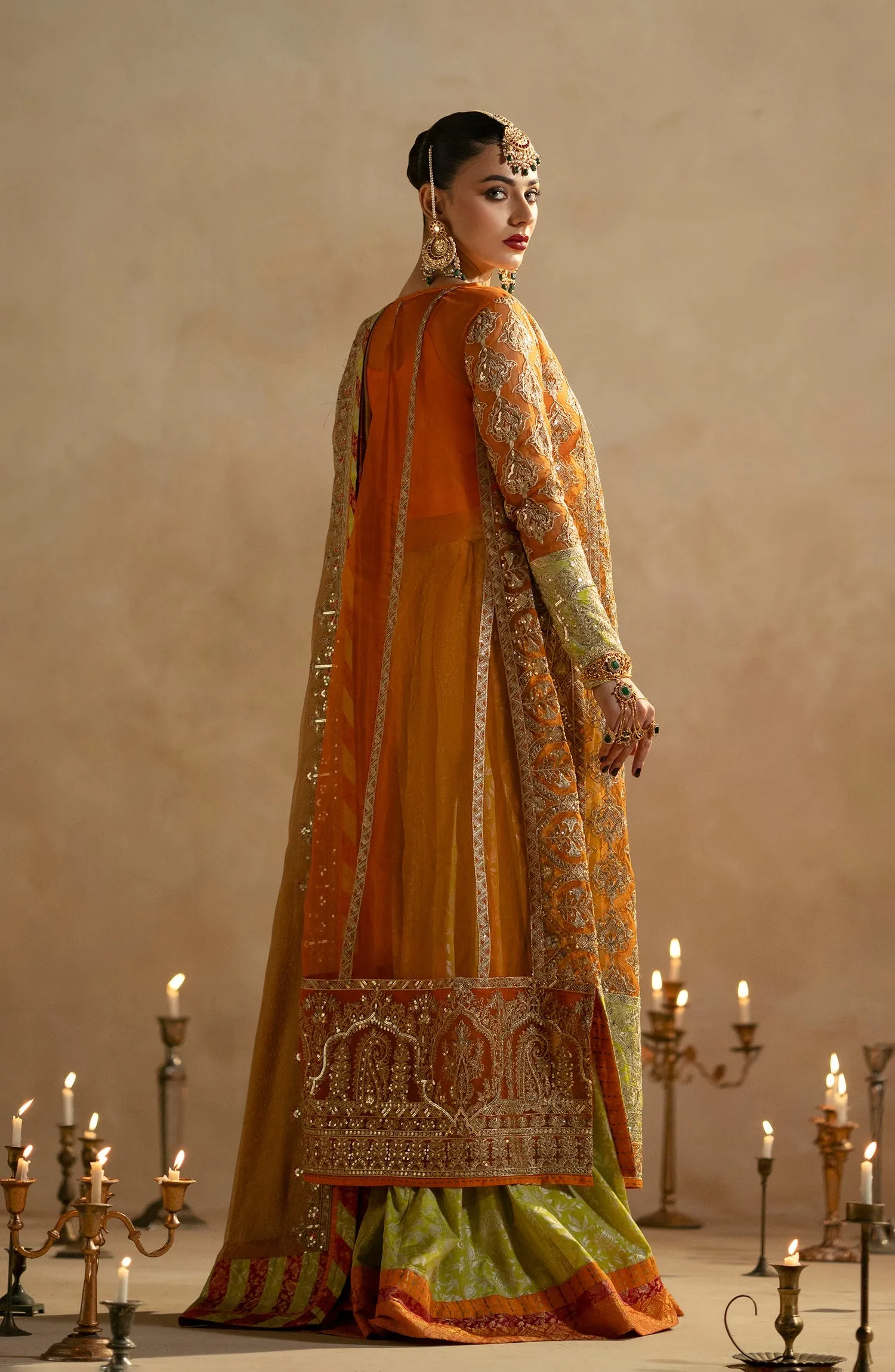 Mustard Royal Style Pakistani Wedding Dress Kameez Heavy Flare Sharara