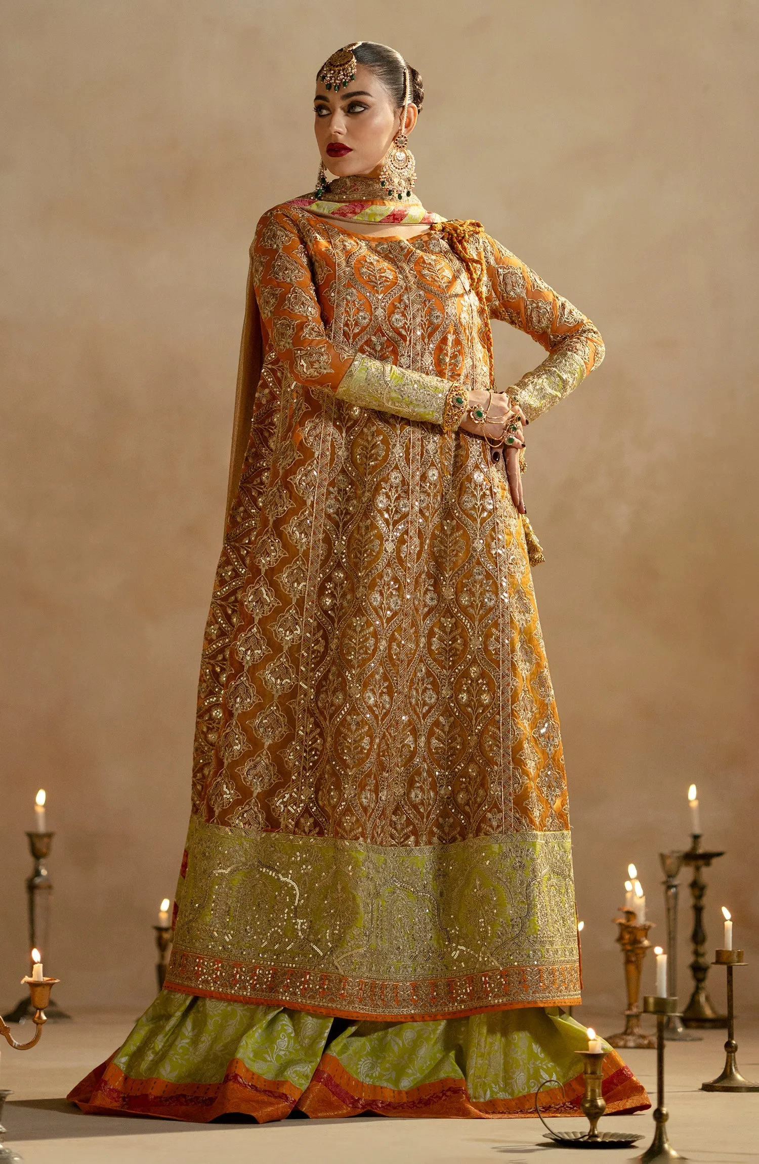 Mustard Royal Style Pakistani Wedding Dress Kameez Heavy Flare Sharara