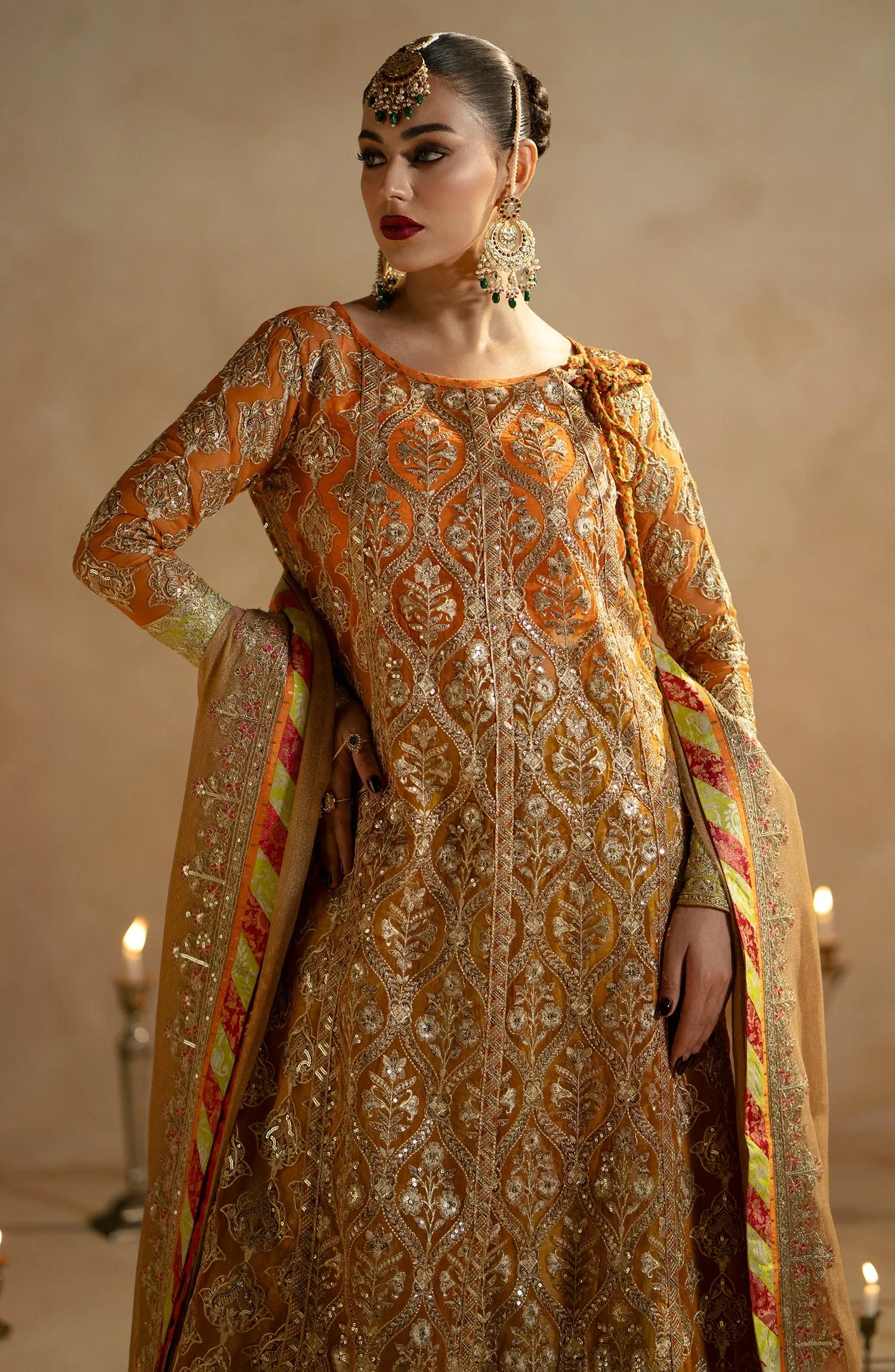 Mustard Royal Style Pakistani Wedding Dress Kameez Heavy Flare Sharara