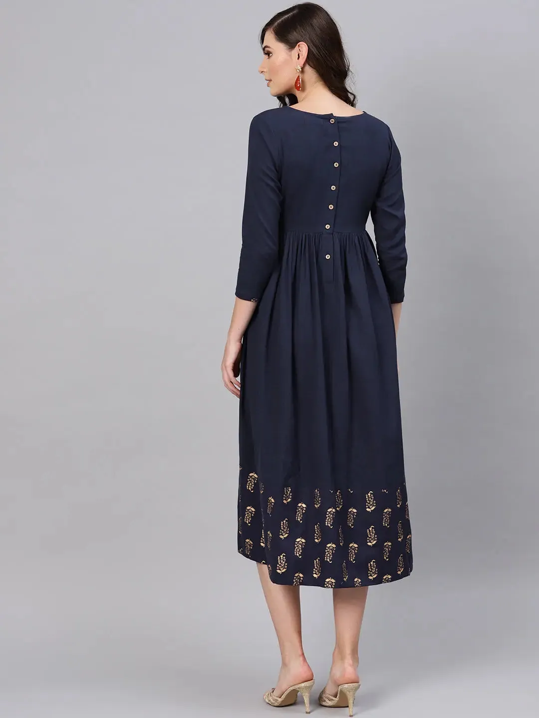 Navy Foil Printed Gathered Dress