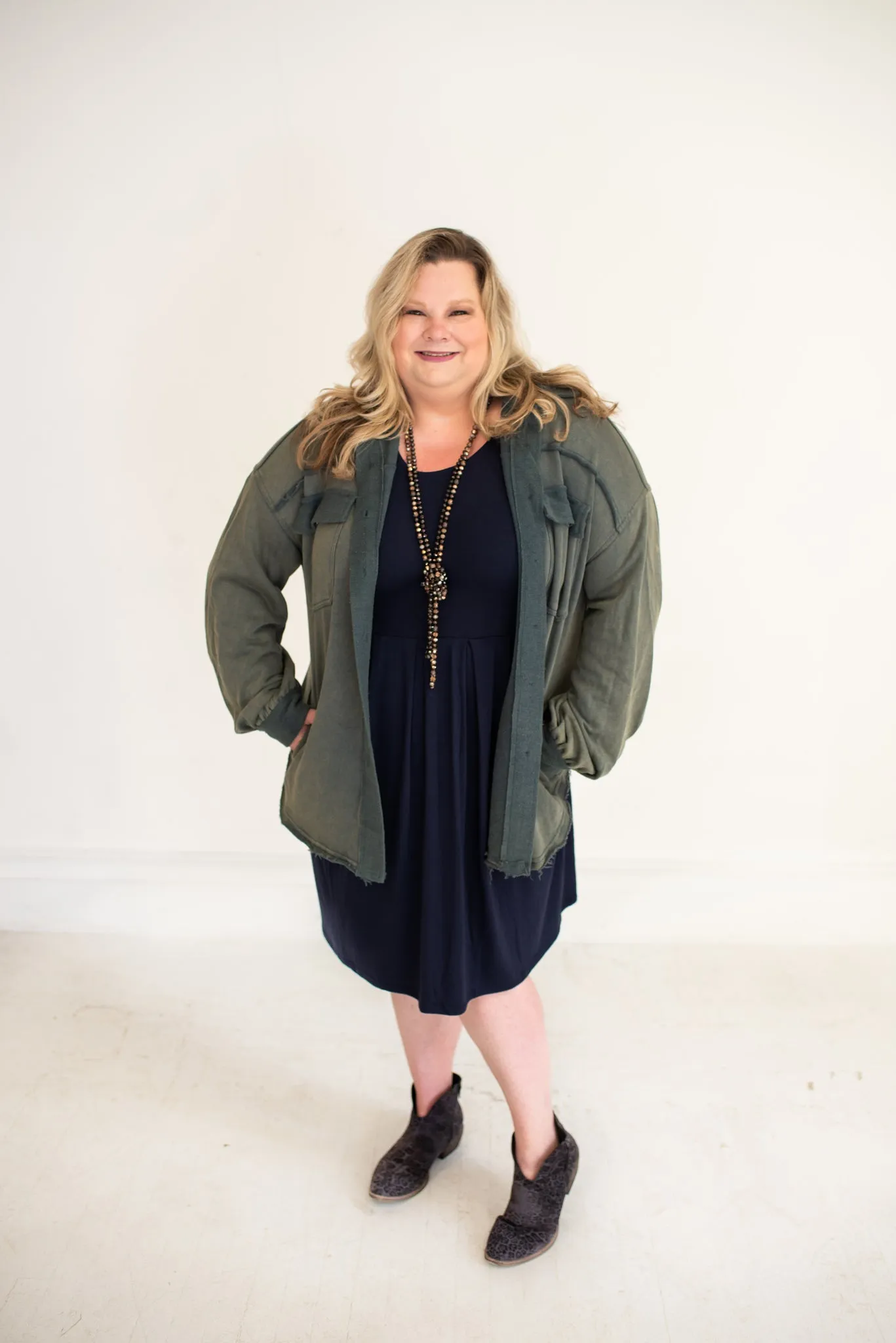 Navy L/S Pleated Dress with Side Pockets